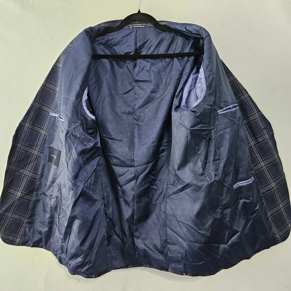 Tommy Hilfiger Sport Coat Mens 43R Blue Plaid Linen Two Button Blazer Jacket